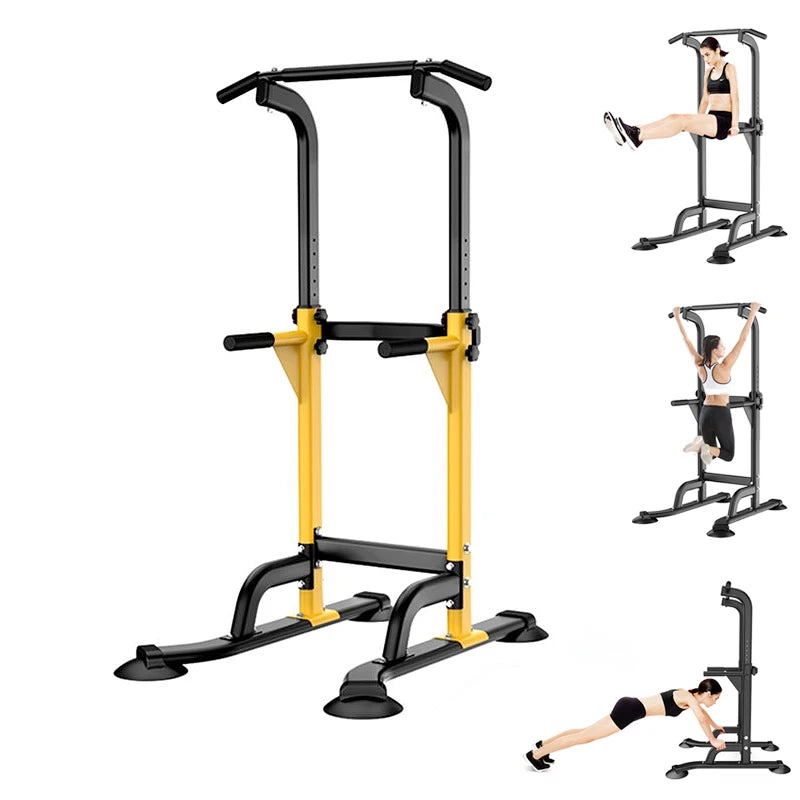 User performing pull-ups on adjustable height power tower with padded grips and solid frame in a home gym setting, showing proper form and height adjustment.