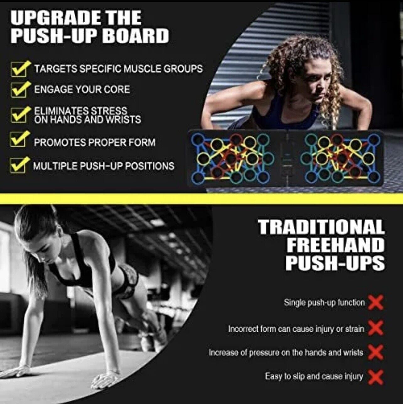 User performing push-ups using the board with alternate hand placement variations shown (wide, narrow, at angles) for full upper body targeting.