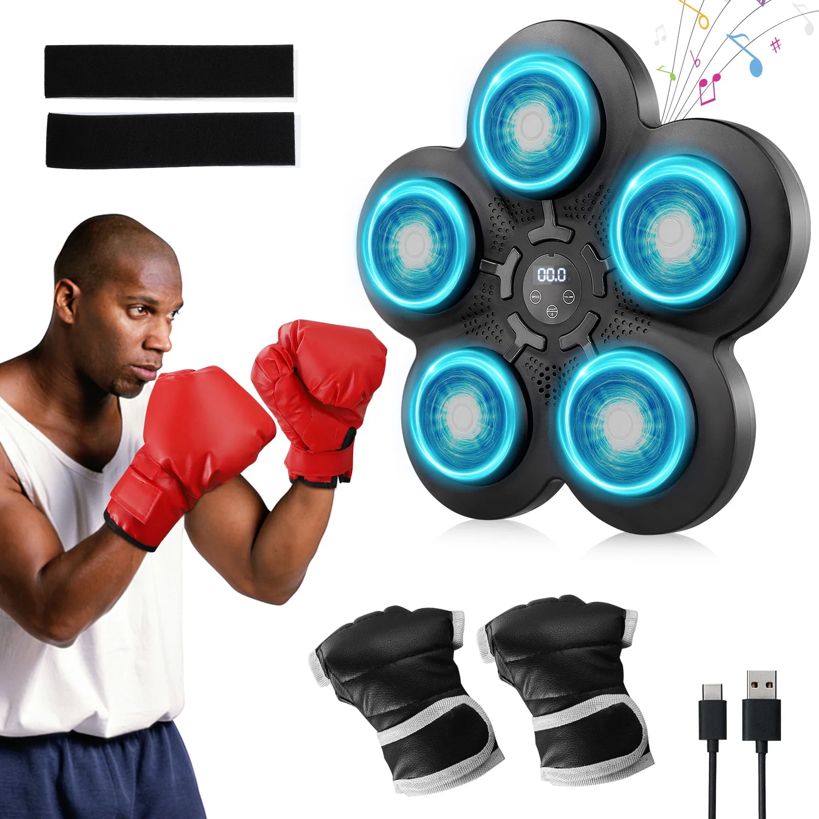 User punching the wall target boxing machine during a home workout, showing motion, pad impact, and how lights respond to punches.