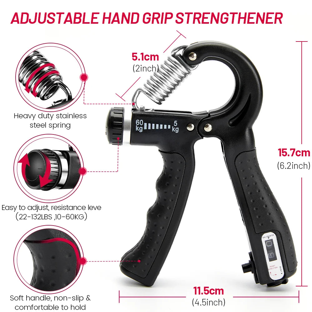 User using the adjustable 5-60 kg hand gripper to train and strengthen grip muscles in a home gym environment, focusing on proper form and progressive resistance.