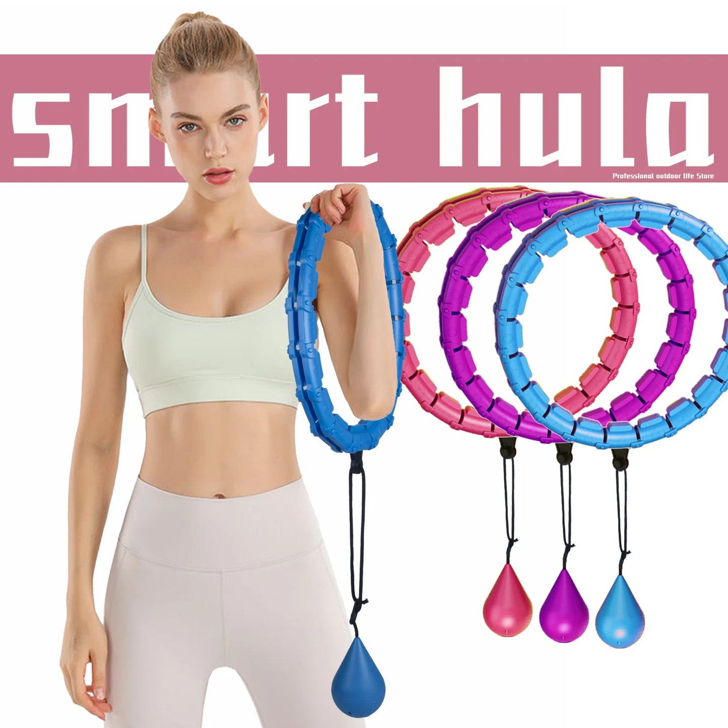 User using detachable weighted sport hoop around waist, demonstrating adjusting sections to fit size, showing how the hoop adapts to different waists.