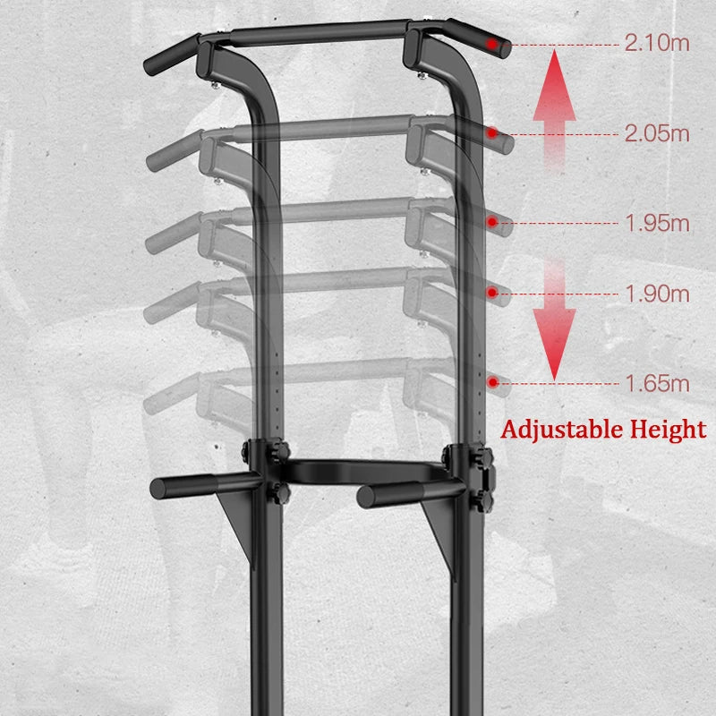 Vertical knee raise station on power tower core workout demonstration, showing how the adjustable pull-up dip station supports abdominal and core training.
