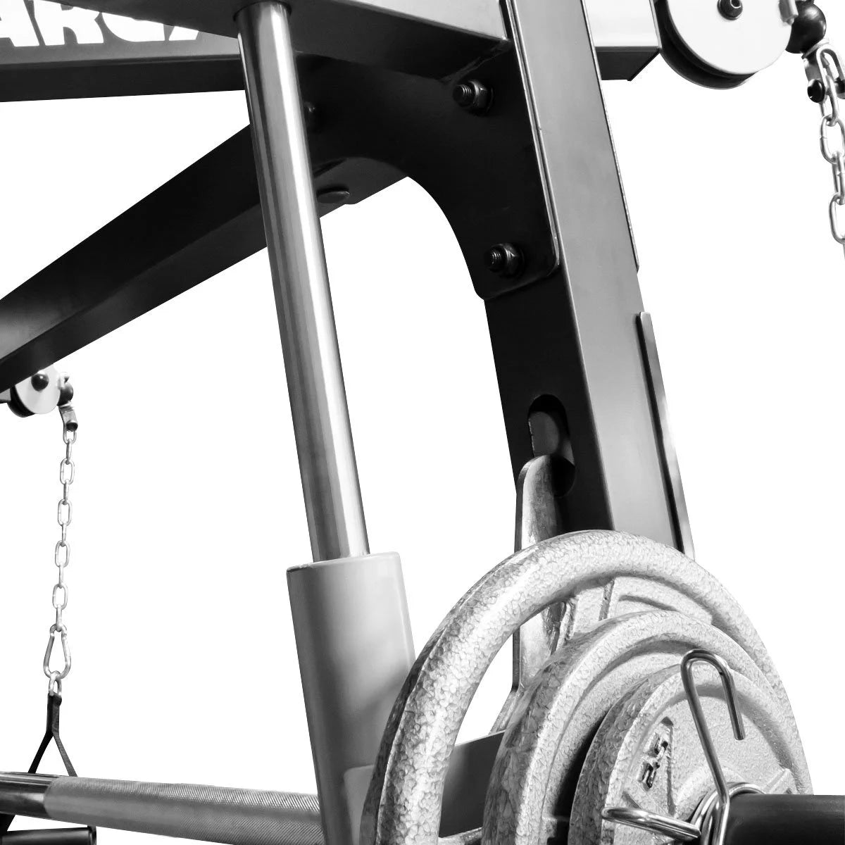 Six Olympic weight plate storage pegs on either side of the cage in MD-9010G, organized layout to hold plates and avoid clutter around your training area.