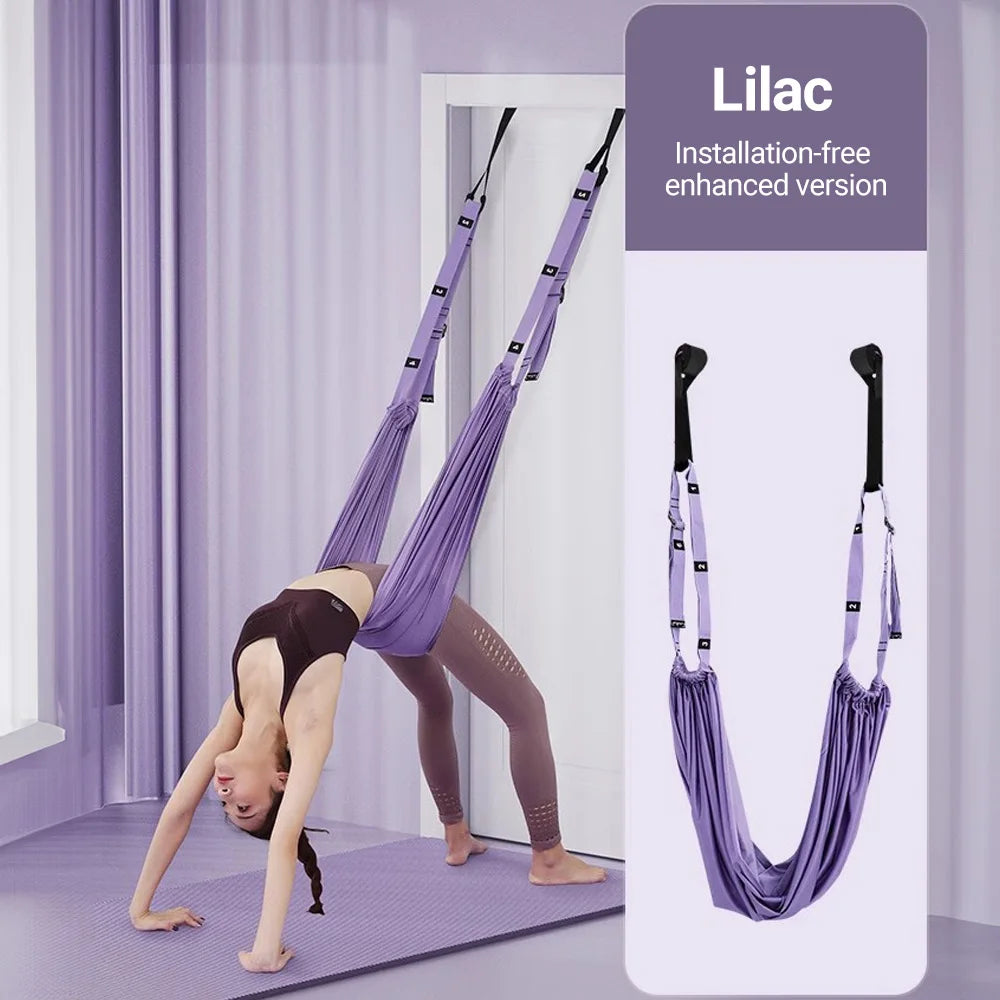 White background product shot of aerial yoga strap pull rope set for listing presentation, showing full strap length, attachments, and hardware clearly.