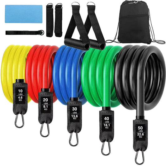 11-piece resistance tube band set for yoga, abs and fitness, including multiple tubes, handles, ankle straps, door anchor and carry bag — ideal for home gym full-body workouts.
