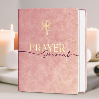 180-day faux leather prayer journal in pastel pink cover, scripture devotional notebook with soft cover, lined pages, and journal prompts for daily reflection and prayer.