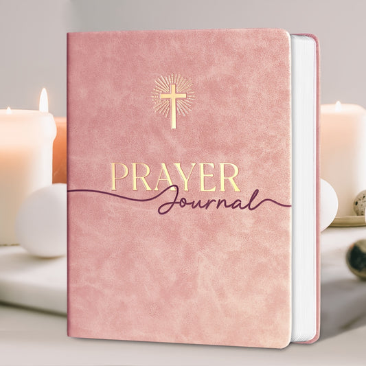 180-day faux leather prayer journal in pastel pink cover, scripture devotional notebook with soft cover, lined pages, and journal prompts for daily reflection and prayer.