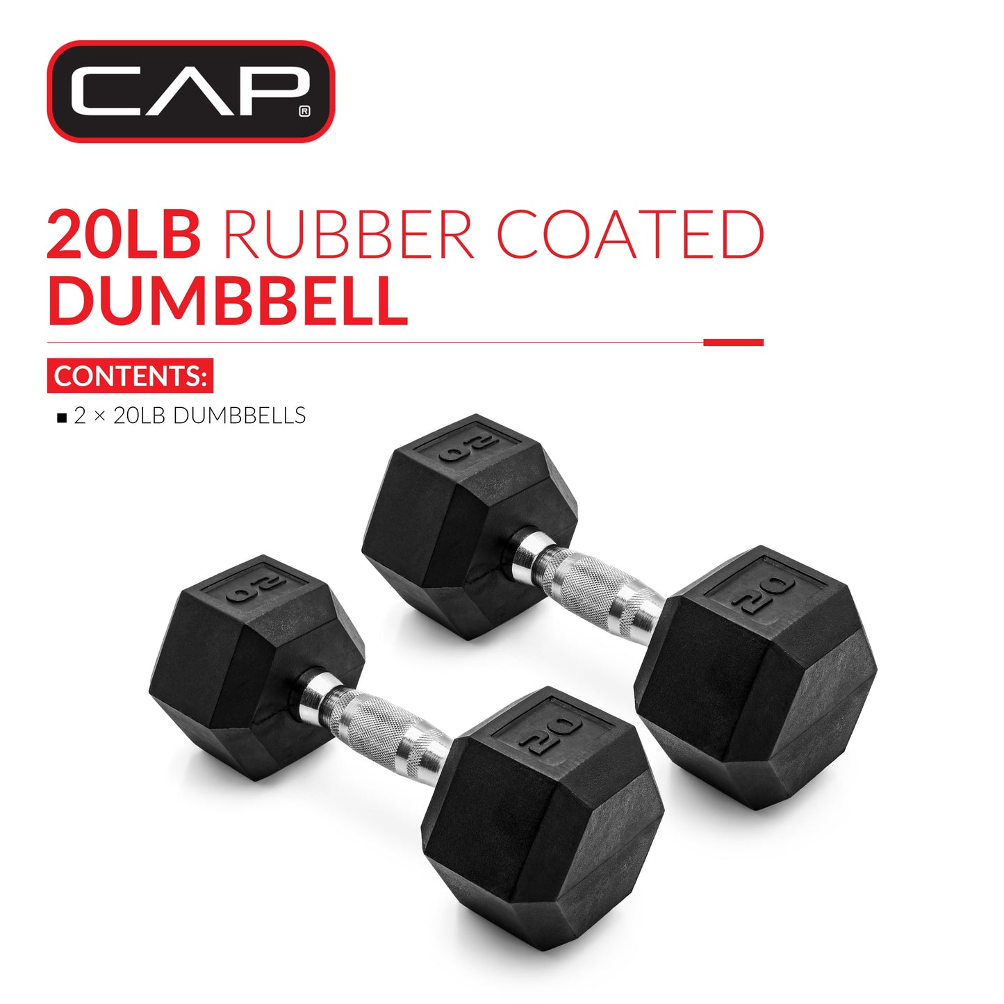 20 lb coated rubber hex dumbbell pair featuring black rubber-encased hex heads and a chrome knurled handle grip, designed for durability, anti-roll stability and heavy lifting in home and gym settings.