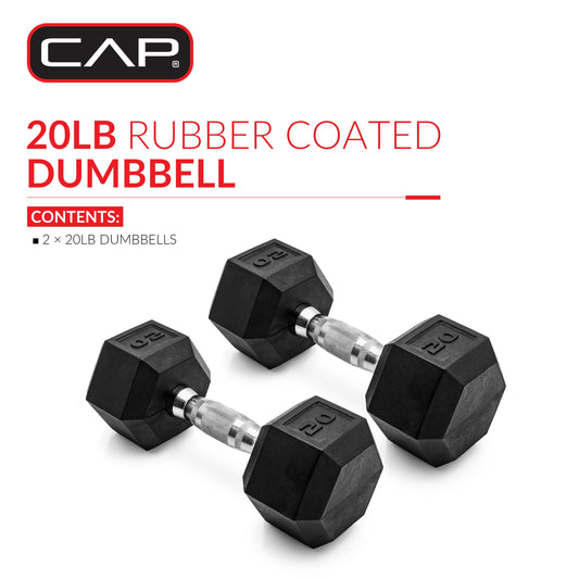 20 lb coated rubber hex dumbbell pair featuring black rubber-encased hex heads and a chrome knurled handle grip, designed for durability, anti-roll stability and heavy lifting in home and gym settings.