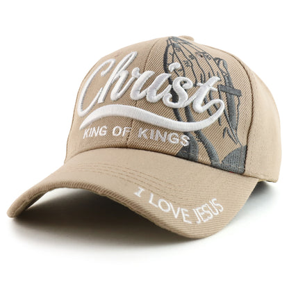 3D Christ ‘King of Kings’ embroidered Christian ball cap — front view showing the raised embroidery design, textured stitching, and overall front silhouette.