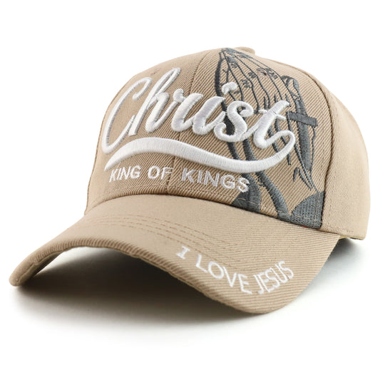 3D Christ ‘King of Kings’ embroidered Christian ball cap — front view showing the raised embroidery design, textured stitching, and overall front silhouette.