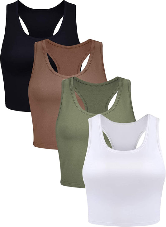 4 pack women’s workout crop tank tops sleeveless racerback front view