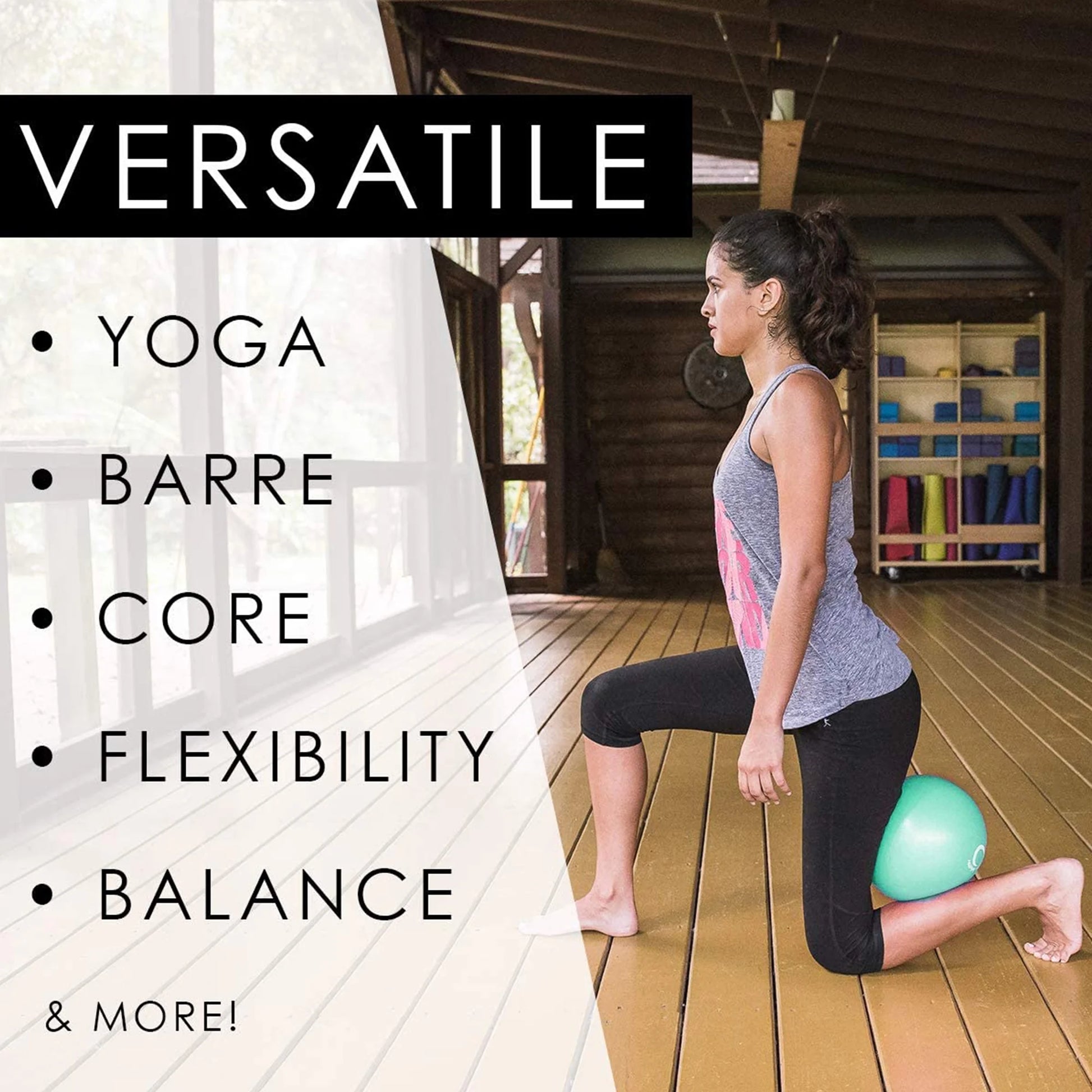 9 inch Pilates ball workout equipment in mint color, inflatable fitness ball sold with hand pump and mesh carry bag for home core stability and balance training in yoga or exercise routines.