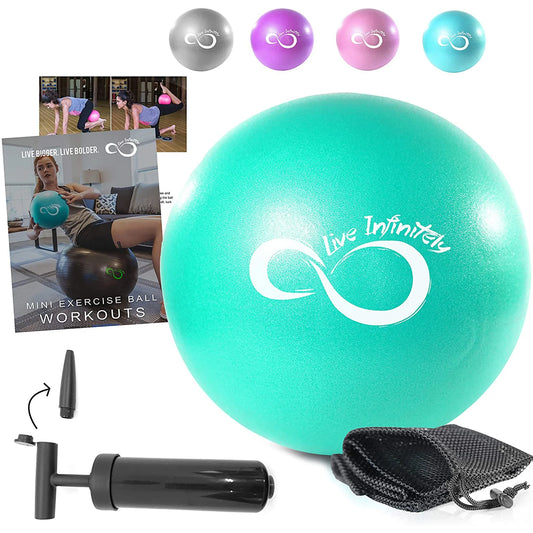 9 inch pilates ball workout equipment in mint color with included mesh bag and hand pump, stability and core balance fitness tool made from durable anti-burst PVC material for yoga, barre, flexibility training