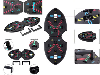 Portable push up training board color-coded for chest, shoulders, triceps, and back.