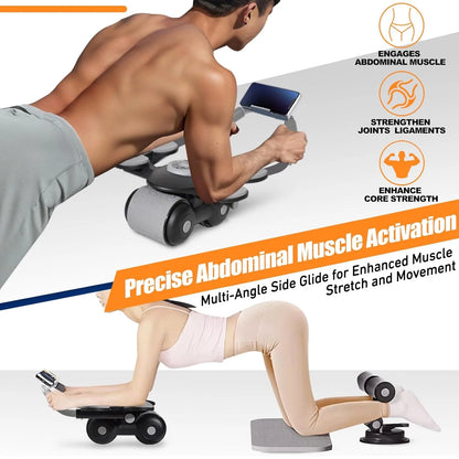 User performing ab rollout with roller on knee mat, showing full extension, core engagement, and how the timer screen is clearly visible during exercise.