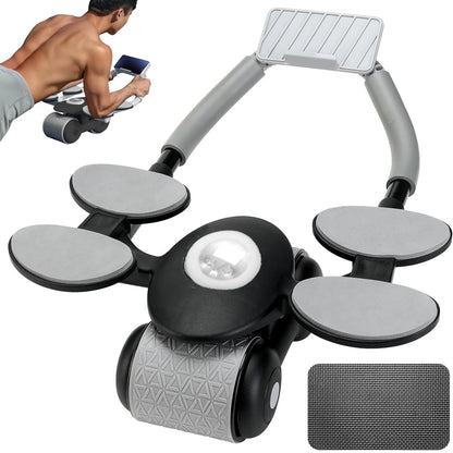 Ab roller wheel with built-in timer and included knee mat, automatic rebound mechanism and padded handles, designed for core workouts and abdominal strengthening.