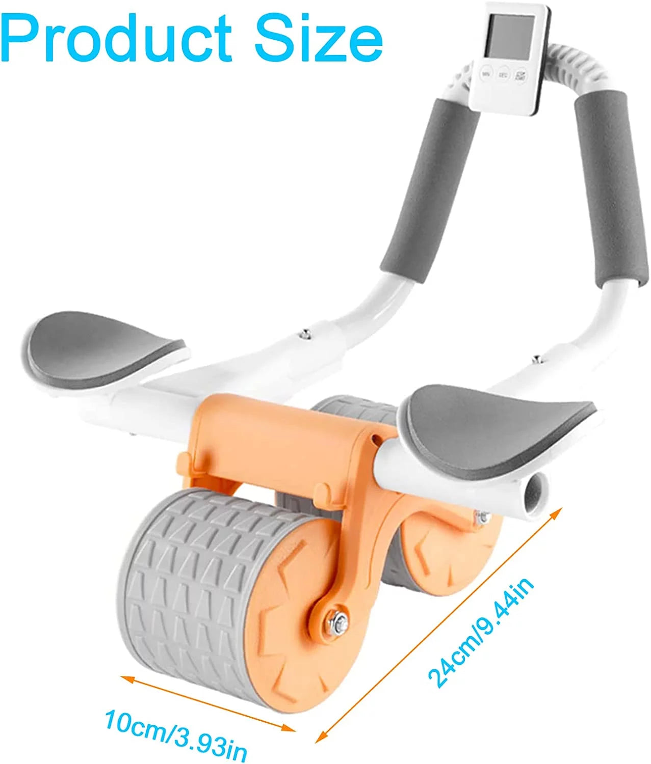 Abdominal exercise roller wheel with elbow bracing and automatic rebound plus timer functionality, designed for strengthening core muscles, toning abs, and assisting safe rollout exercises.