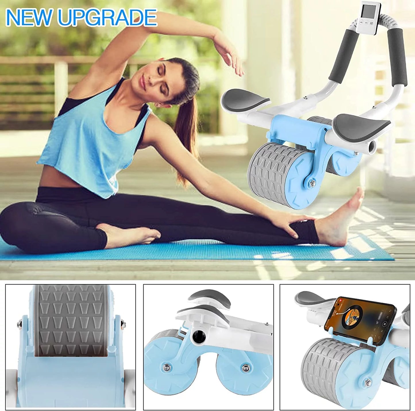 Abdominal exercise roller wheel featuring digital timer, elbow pad support, and included knee mat, perfect for core workout routines, strengthening abs, improving posture and engaging lower back muscles