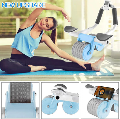 Abdominal exercise roller wheel featuring digital timer, elbow pad support, and included knee mat, perfect for core workout routines, strengthening abs, improving posture and engaging lower back muscles