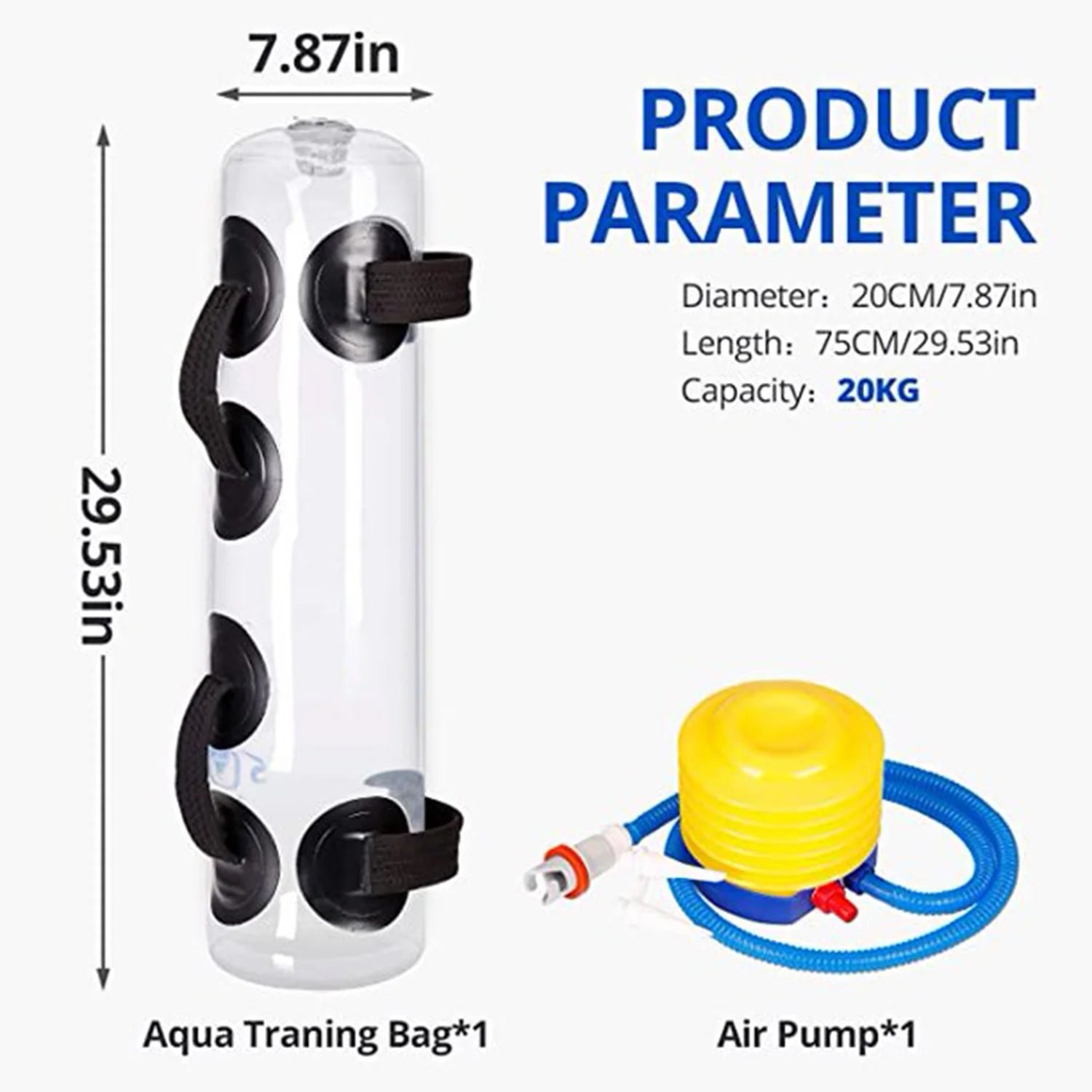 Aqua Bag accessories laid out flat — hose, plugs, instructions — showing what buyers will receive with their adjustable water weight bag kit