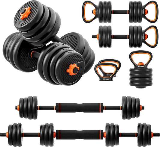 Adjustable dumbbell set 77 lbs full fitness kit including barbell, kettlebell, push-up attachments and free weights — multi-function home gym equipment for versatile strength training