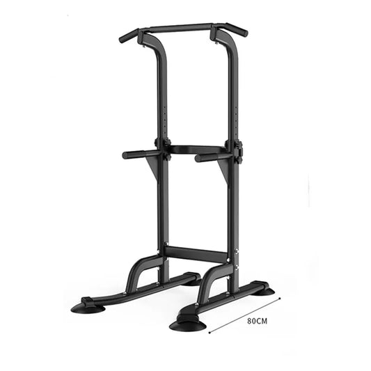 Adjustable height pull-up dip station power tower full structure frame home gym equipment combining vertical and horizontal bars for pull-ups, dips, leg raises and bodyweight exercises.