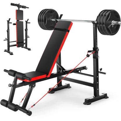 Adjustable 6 in 1 weight bench set for home gym training featuring bench press function, barbell rack, removable foot bracket, and pairs of resistance bands for full body workouts.