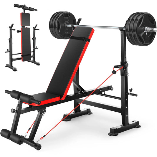 Adjustable 6 in 1 weight bench set for home gym training featuring bench press function, barbell rack, removable foot bracket, and pairs of resistance bands for full body workouts.
