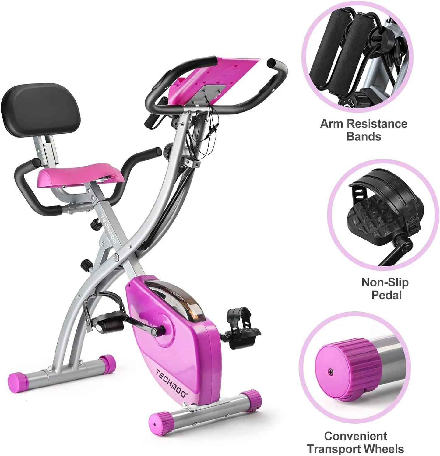 Adjustable padded backrest and seat of folding exercise bike