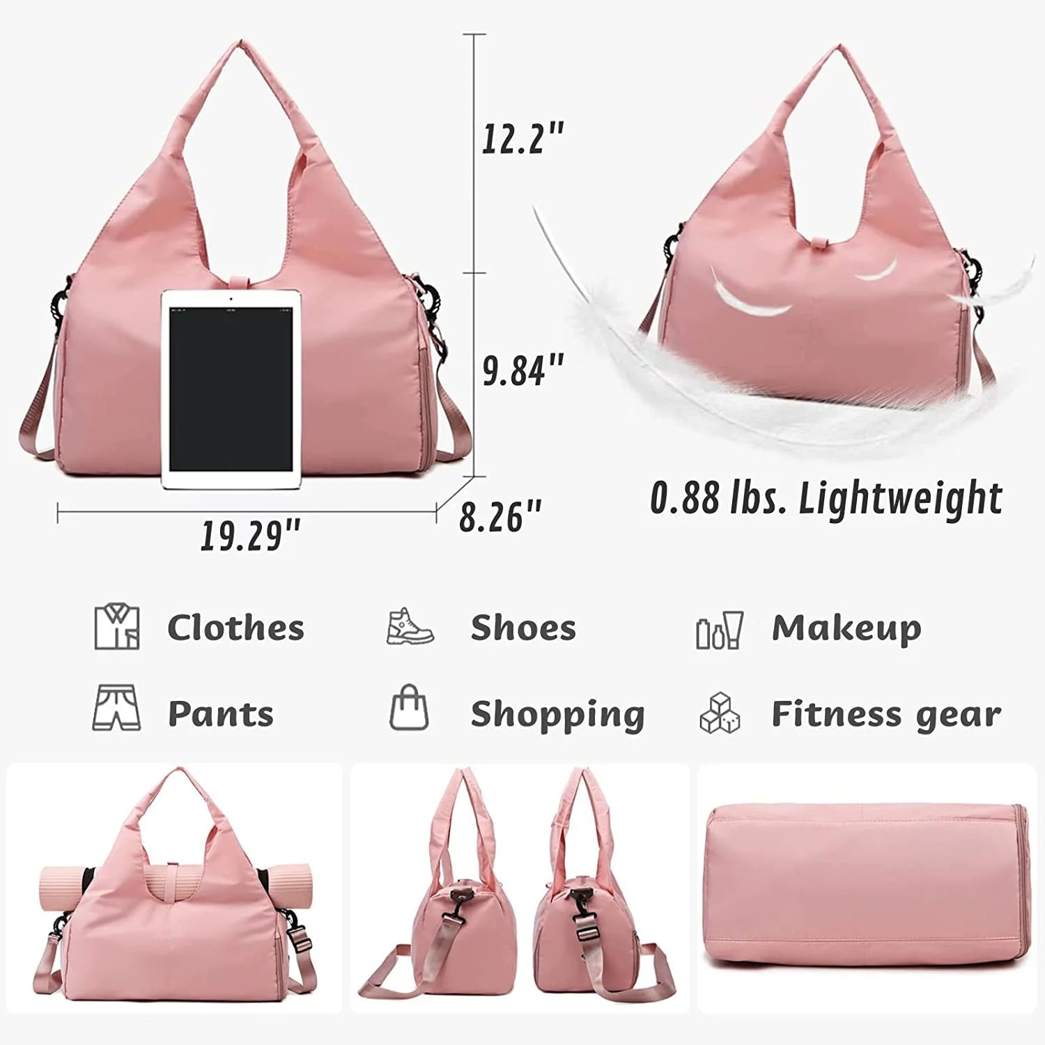 Duffel bag showing yoga mat strapped on top via adjustable holder, demonstrating ease of carrying mat along with regular gym gear.