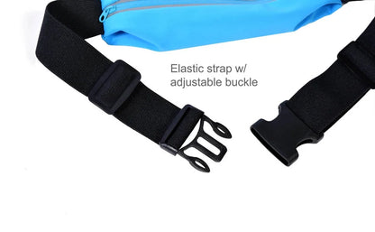 Running belt laid flat to show the inner lining, multiple internal pockets, water-resistant material, and the adjustable strap layout for proper customization.