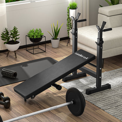 Bench in flat position aligned under barbell rack, showing clearance, pad alignment, and stability of the rack-bench system.