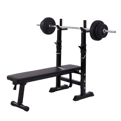 Bench set in incline position with barbell loaded on rack, demonstrating how users can press at angled positions using the bench and rack combo.