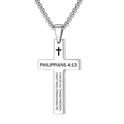 Stainless steel cross pendant necklace with engraved Bible verse, shown straight on to highlight the pendant shape, metal finish, and scripture detailing.