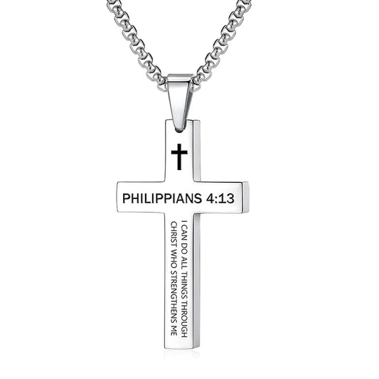 Stainless steel cross pendant necklace with engraved Bible verse, shown straight on to highlight the pendant shape, metal finish, and scripture detailing.