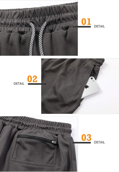 Close-up of fabric, liner, stitching and mesh / ventilation panel detail of the shorts to show texture, breathability, and quality seam finish.