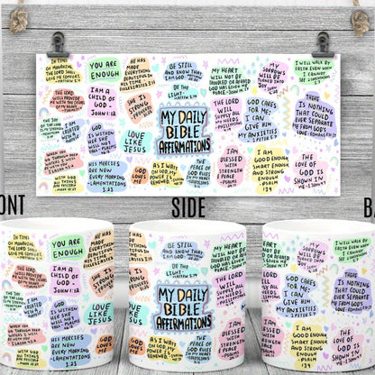 Close-up of the scripture / affirmation print on the mug showing font style, ink quality, and detail of how design merges with ceramic surface.