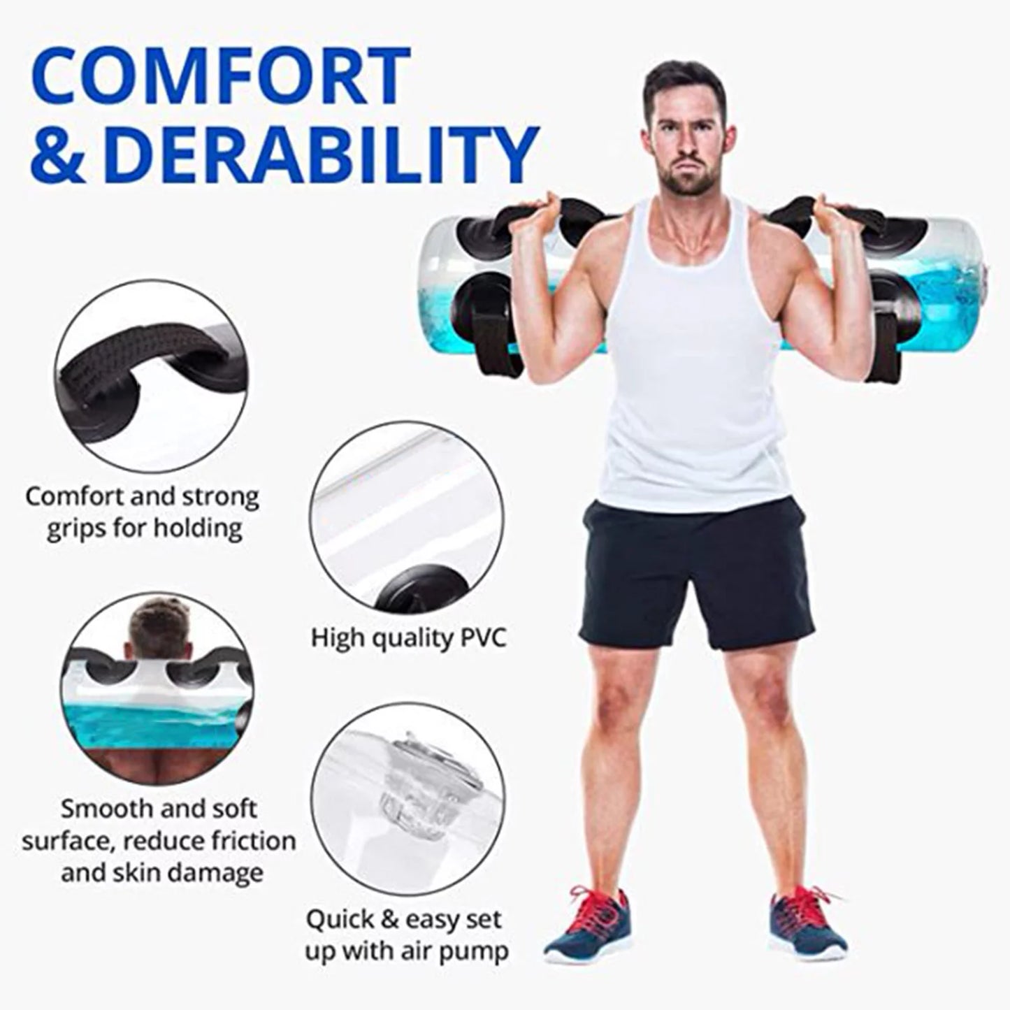 Side-by-side comparison of the Aqua Bag empty versus filled to 45 lb, visually demonstrating the change in form, rigidity, and load potential