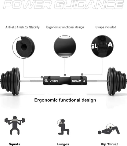 Protective pad mounted on barbell in gym environment, illustrating how it fits over the bar, ready for use during strength workouts and compound lifts.