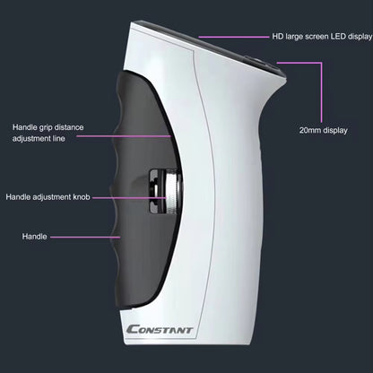 Side profile of the grip strength trainer showing the adjustable handle mechanism, grip thickness control, and durable build.