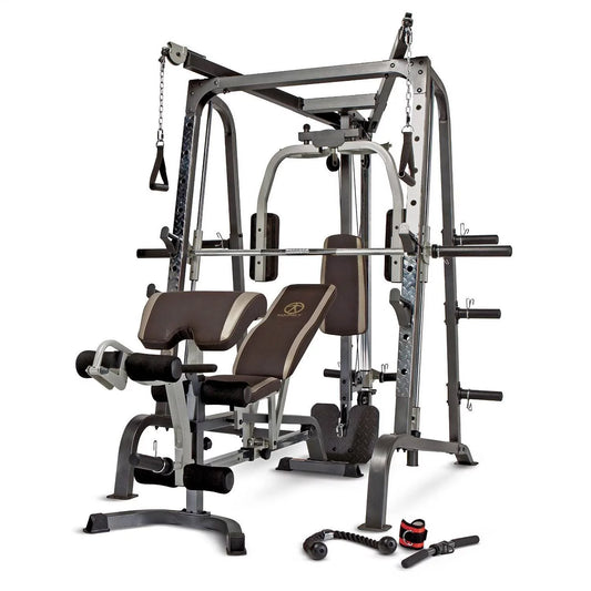 Diamond Elite Olympic Smith Cage Machine MD-9010G full structure multi-station home gym setup including cage, bench, cable crossovers, leg developer for complete strength training.
