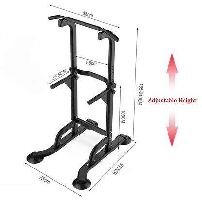 Dip bars on power tower demonstration, user doing dips on adjustable station arms, showcasing strength building and multi-function use for chest and triceps.