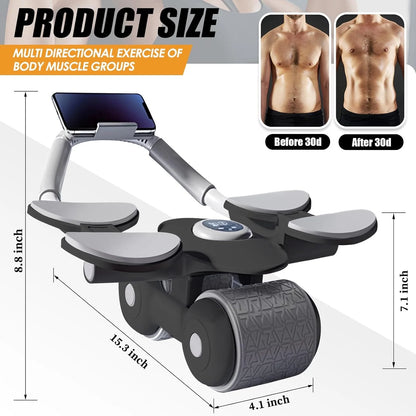 Dual-wheel model of the ab roller in use to illustrate additional stability design options and how they balance during side rollouts.