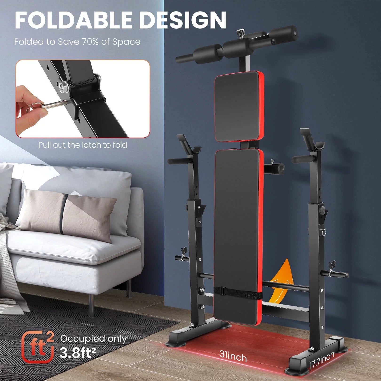 Durable adjustable gym bench set with removable foot bracket, integrated barbell rack, and resistance bands offering multi-purpose weight training for home fitness, body strength exercises, and complete workout versatility