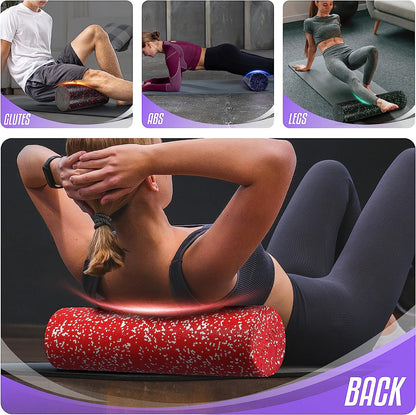 Foam roller length and width shown visually next to measuring scale, illustrating dimensions and size for buyers to understand footprint and use space needed.