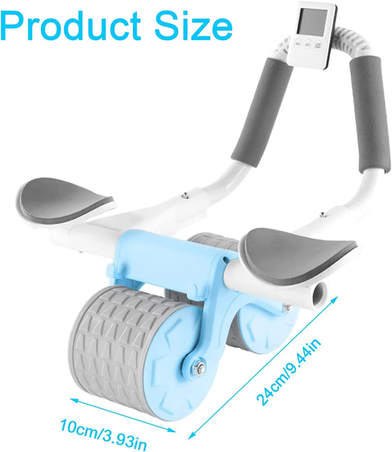 Front and side angle of abdominal roller wheel highlighting ergonomic handles, elbow support cushions, and timer functionality, providing advanced features for improved core workouts and ab toning at home or gym.