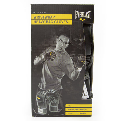 Black wristwrap heavy bag gloves included inside open box packaging ready for sale, showing how the product is presented to the buyer.