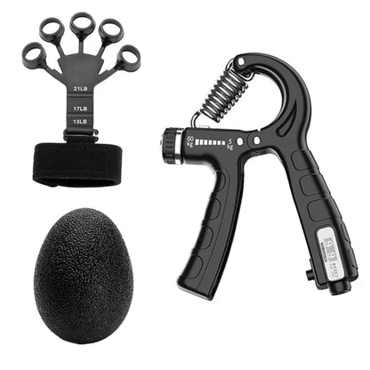Hand strengthener grip and wrist training device displayed against white background, highlighting its design and adjustable resistance range.