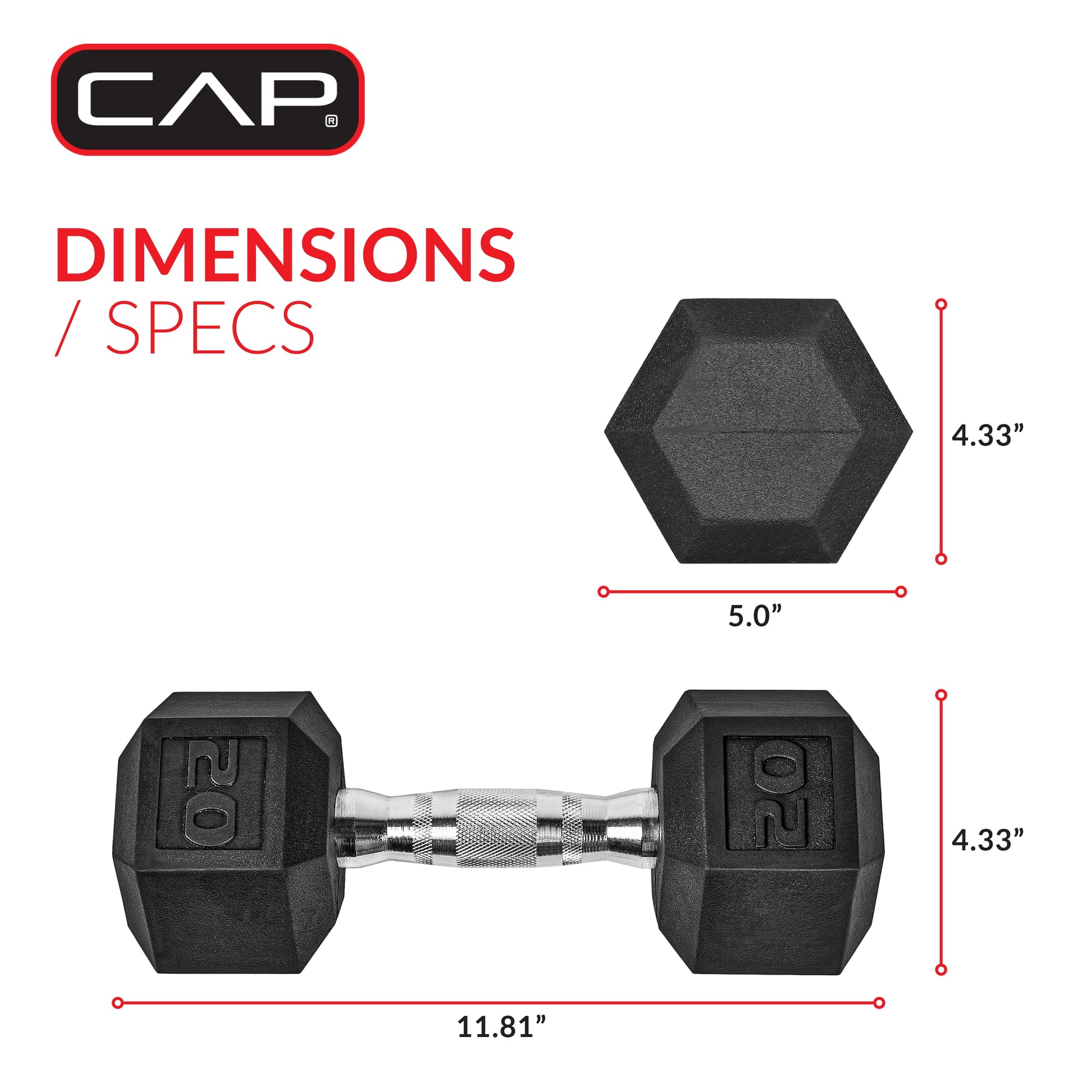 Close-up on the hex dumbbell head showcasing the rubber coating texture, stamped ‘20 lb’ weight marking, and protective edges for safe, durable use over repeated workouts.